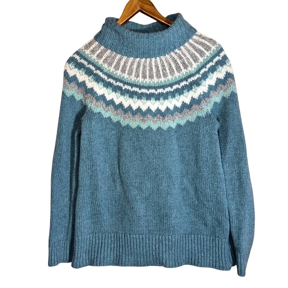 Vintage Loft Fair Isle Nordic Yoke Pattern Turtleneck Sweater Heathered Blue Med